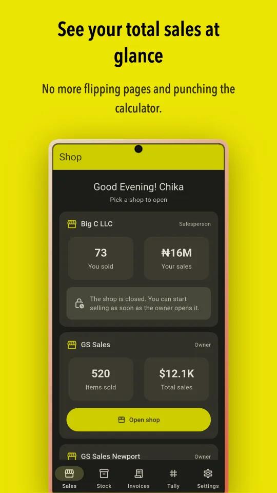 Shop overview showing total sales and items sold for each shop