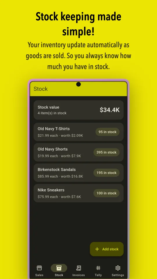 Stock list with quantities in stock and total stock value